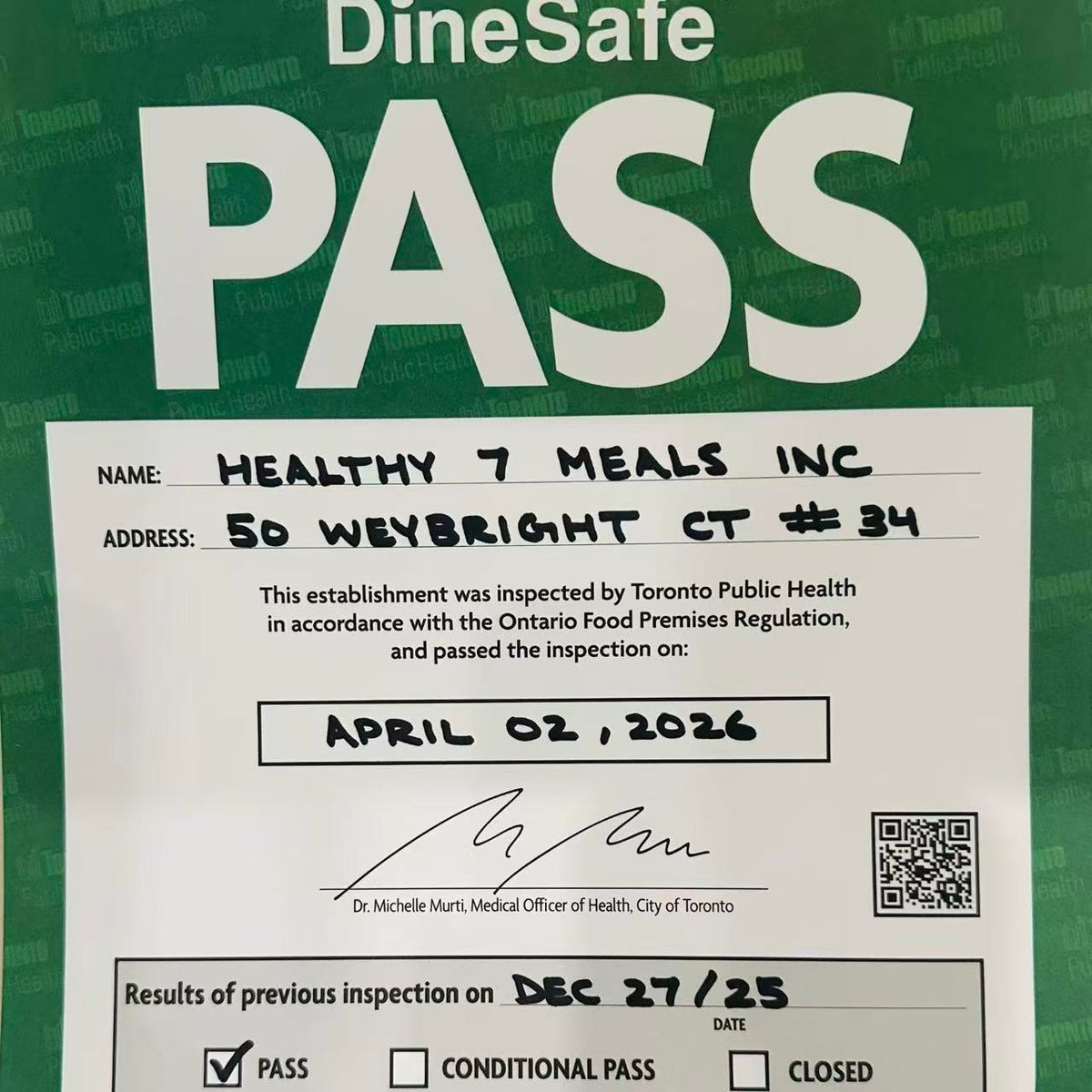 Toronto Public Health Dine Safe pass for Healthy7 Meals