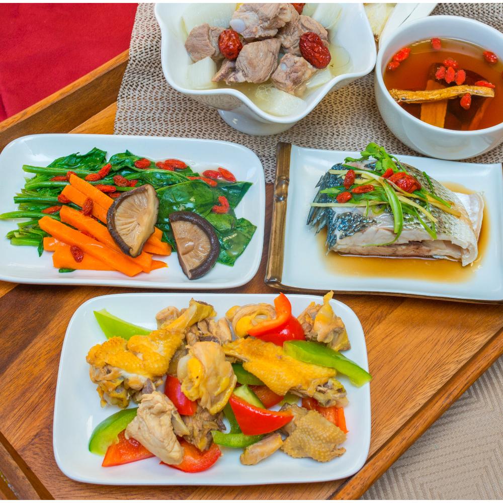 Healthy7 recovery meal with fish, vegetables, soup and prepared dishes