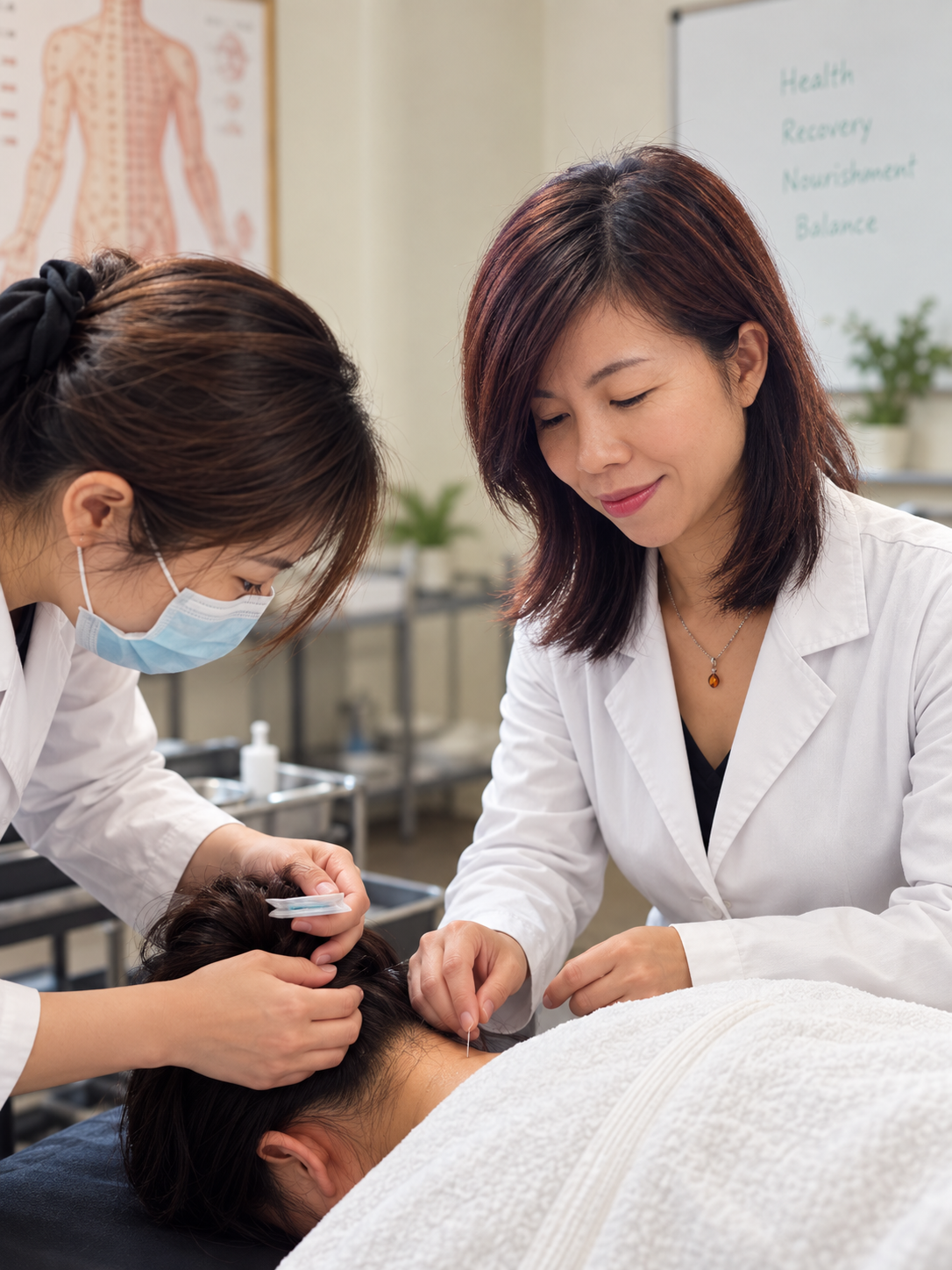 Lisa practicing acupuncture techniques during her Traditional Chinese Medicine studies